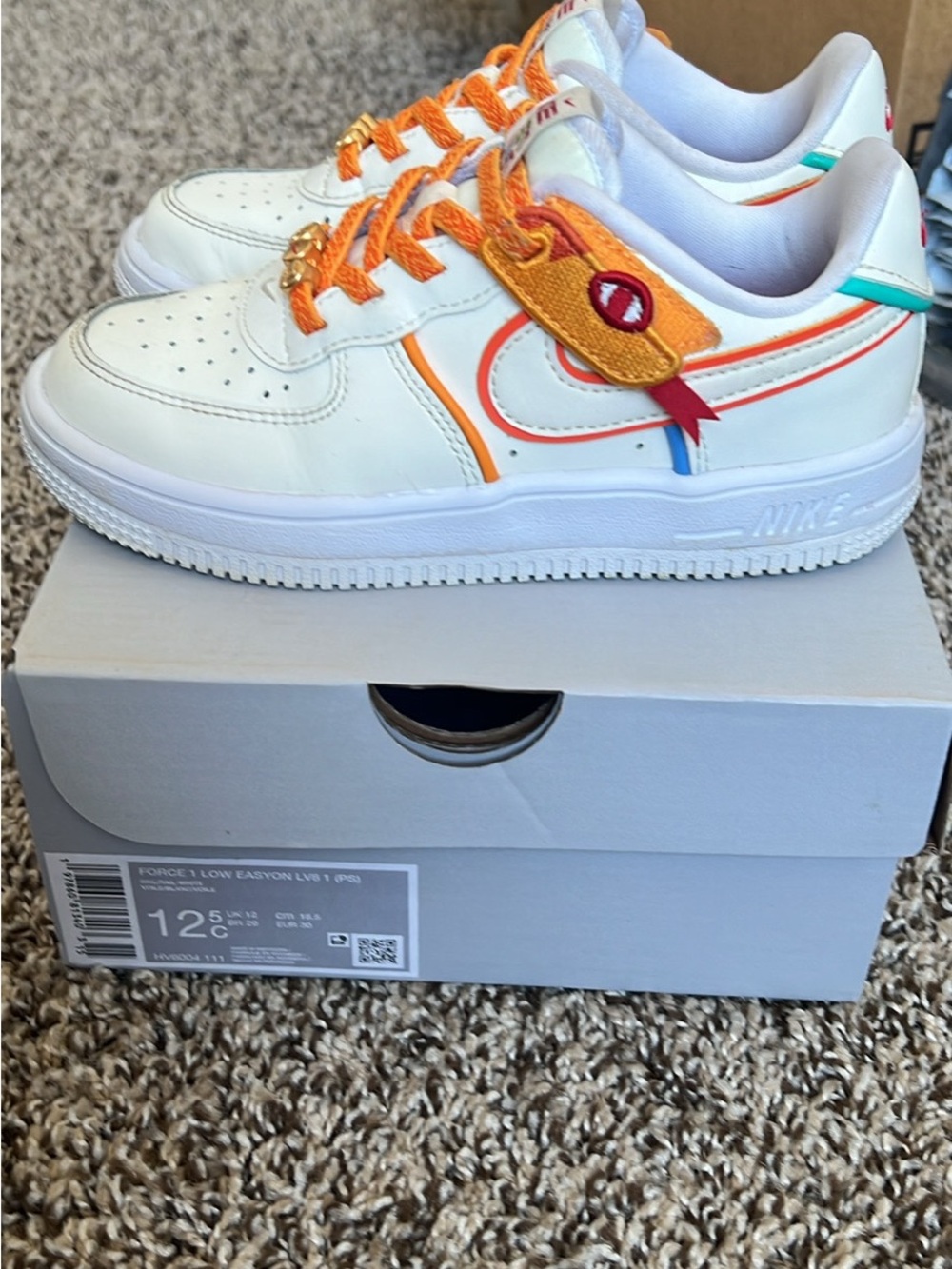 Nike Air Force 1 Low EasyOn LV8 (PS) White/Orange Leather Sneakers Sz (12.5C)